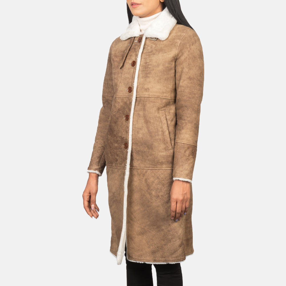 Women's Alina Shearling Castanho Casaco de Couro para Mulher in Distressed Brown Sheepskin Leather - Front Profile View &amp; Tailored Silhouette | Buy Online