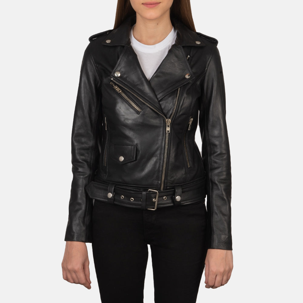 
Alison Preto Jaqueta Biker de Couro para Mulher in Black Cowhide Leather - Vista frontal e silhueta ajustada | Comprar online