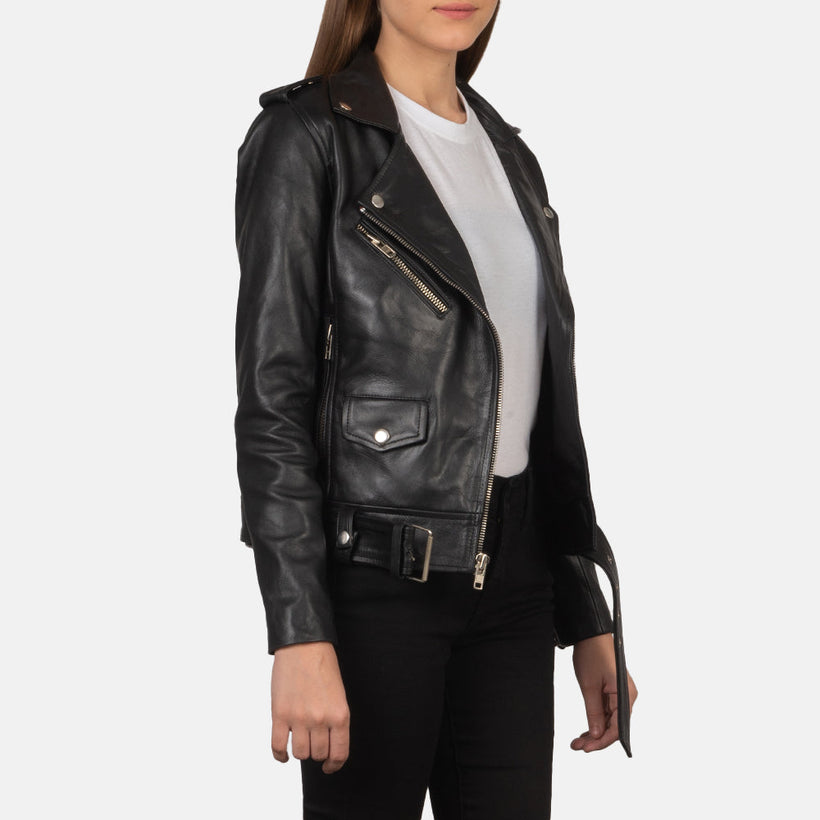 Alison Preto Blusão Biker de Couro para Mulher