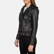 
Vista detalhada of Notch & Zipper Hardware on Alison Preto Jaqueta Biker de Couro para Mulher