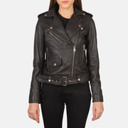 Close-Up Detail of Notch &amp; Zipper Hardware on Women's Alison Castanho Blusão Biker de Couro para Mulher