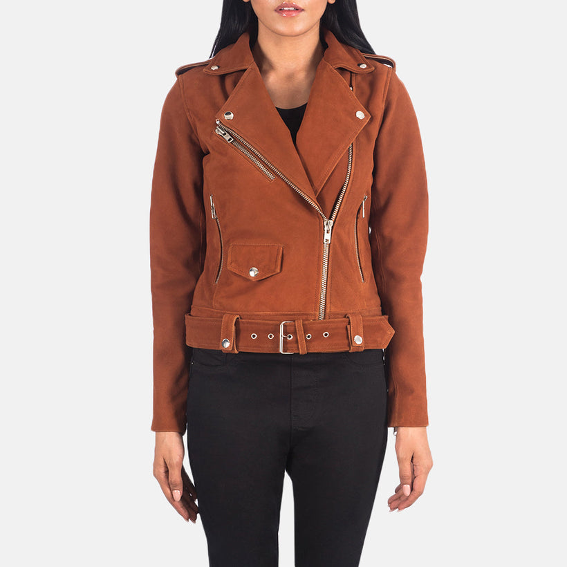 Alison Castanho Suede Blusão Biker de Couro para Mulher