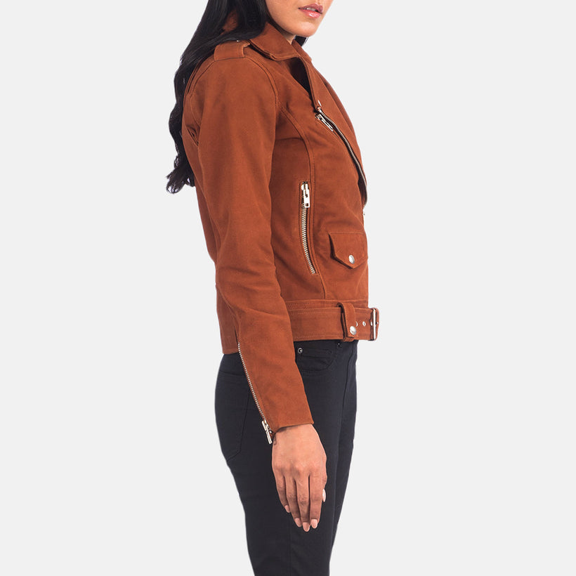 Alison Castanho Suede Blusão Biker de Couro para Mulher