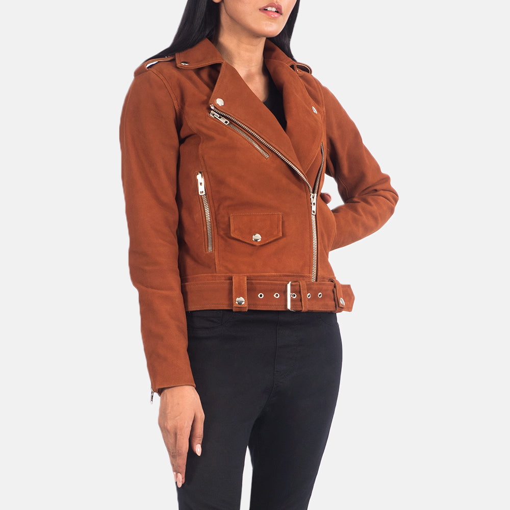 
Vista detalhada of Notch & Zipper Hardware on Alison Castanho Suede Jaqueta Biker de Couro para Mulher