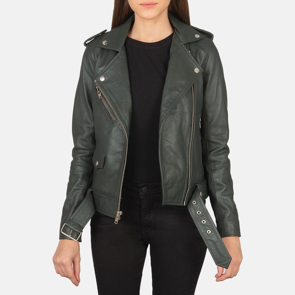Women's Alison Verde Blusão Biker de Couro para Mulher in Green Sheepskin Leather - Front Profile View &amp; Tailored Silhouette | Buy Online
