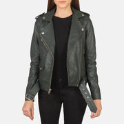 Women's Alison Verde Blusão Biker de Couro para Mulher in Green Sheepskin Leather - Front Profile View &amp; Tailored Silhouette | Buy Online
