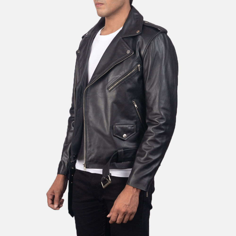 
Black Cowhide Leather Biker Jacket - Vista traseira com ombros definidos e bainha impecável