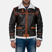 Men's Alpine Castanho Fur Blusão de Couro para Homem in Distressed Brown Goatskin Leather - Front Profile View &amp; Tailored Silhouette | Buy Online