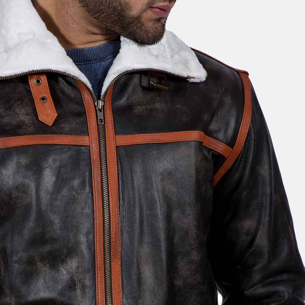 Men's Alpine Castanho Fur Blusão de Couro para Homem - Lateral Side Profile View Showing Sleeve Cut &amp; Athletic Taper Fit