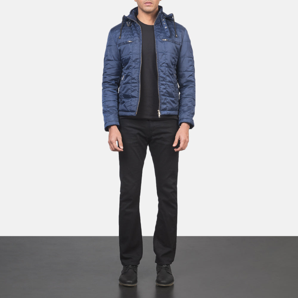 
Vista detalhada of High neck with Belt & Zipper Hardware on Alps Quilted Blue Windbreaker Jacket