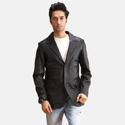 Alyson Preto Blazer de Couro de Couro para Homem in Black Sheepskin Leather - Front Profile View &amp; Tailored Silhouette | Buy Online