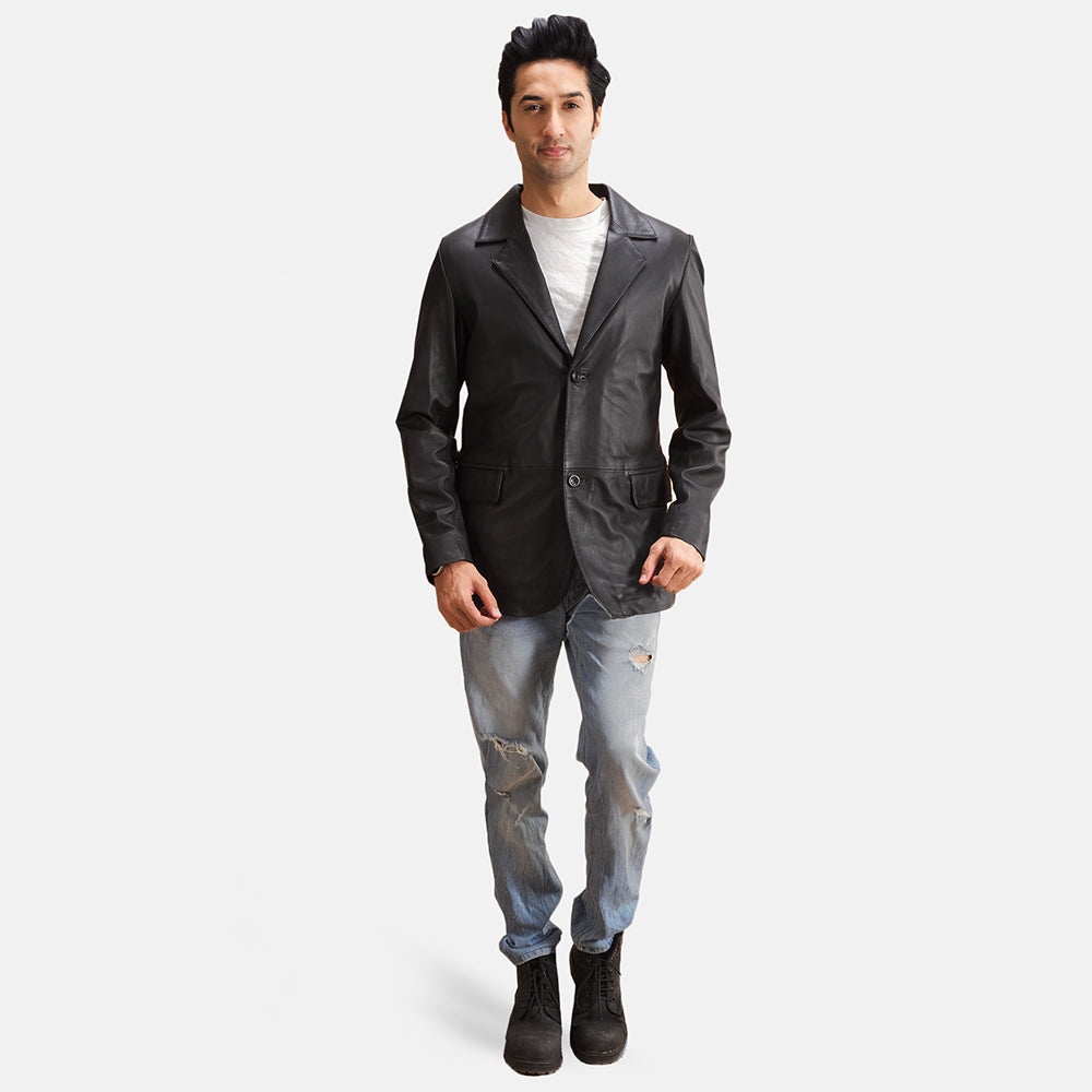 Alyson Preto Blazer de Couro de Couro para Homem - Lateral Side Profile View Showing Sleeve Cut &amp; Athletic Taper Fit