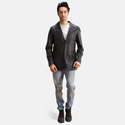 Alyson Preto Blazer de Couro de Couro para Homem - Lateral Side Profile View Showing Sleeve Cut &amp; Athletic Taper Fit