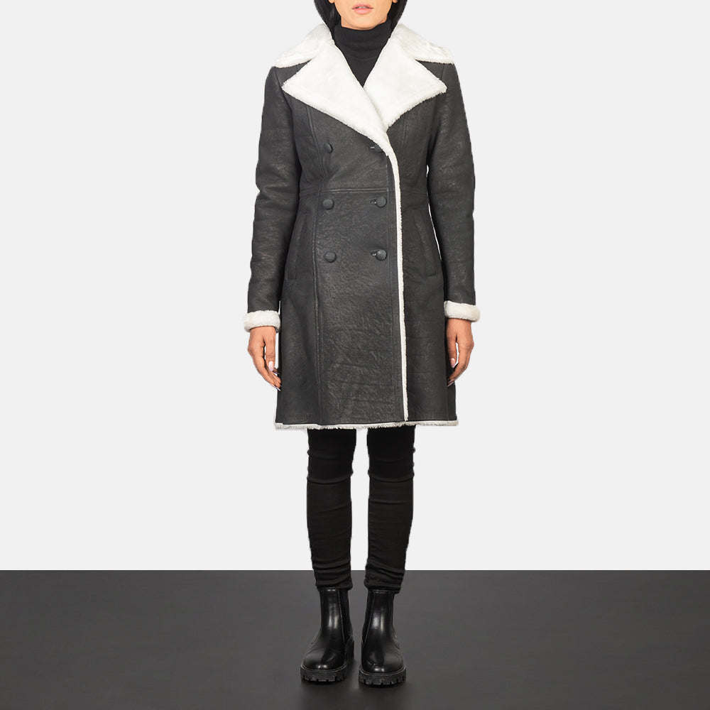 Women's Amie Black Double Breasted Shearling Coat in Black Sheepskin Snuffed - Front Profile View &amp; Tailored Silhouette | Buy Online