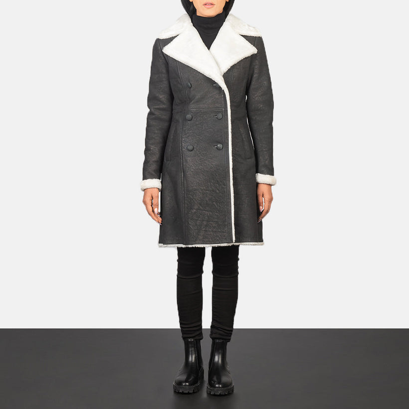 Amie Preto Double-Breasted Shearling Casaco de Couro para Mulher