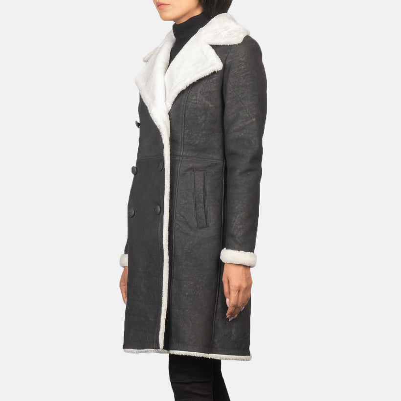 Amie Preto Double-Breasted Shearling Casaco de Couro para Mulher