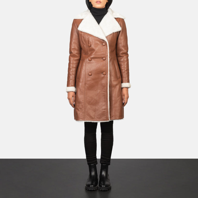 Amie Castanho Double-Breasted Shearling Casaco de Couro para Mulher