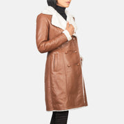 Women's Amie Brown Double Breasted Shearling Coat - Lateral Side Profile View Showing Sleeve Cut &amp; Athletic Taper Fit