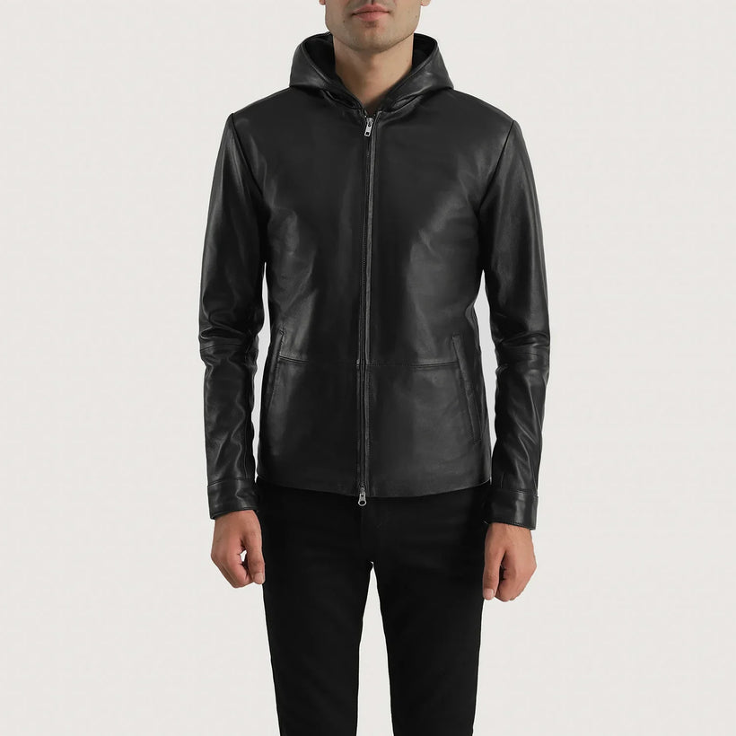 Andy Matte Preto Hooded Blusão de Couro para Homem