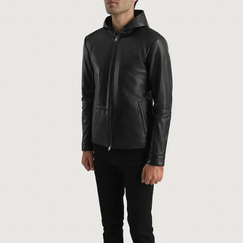 Andy Matte Preto Hooded Blusão de Couro para Homem