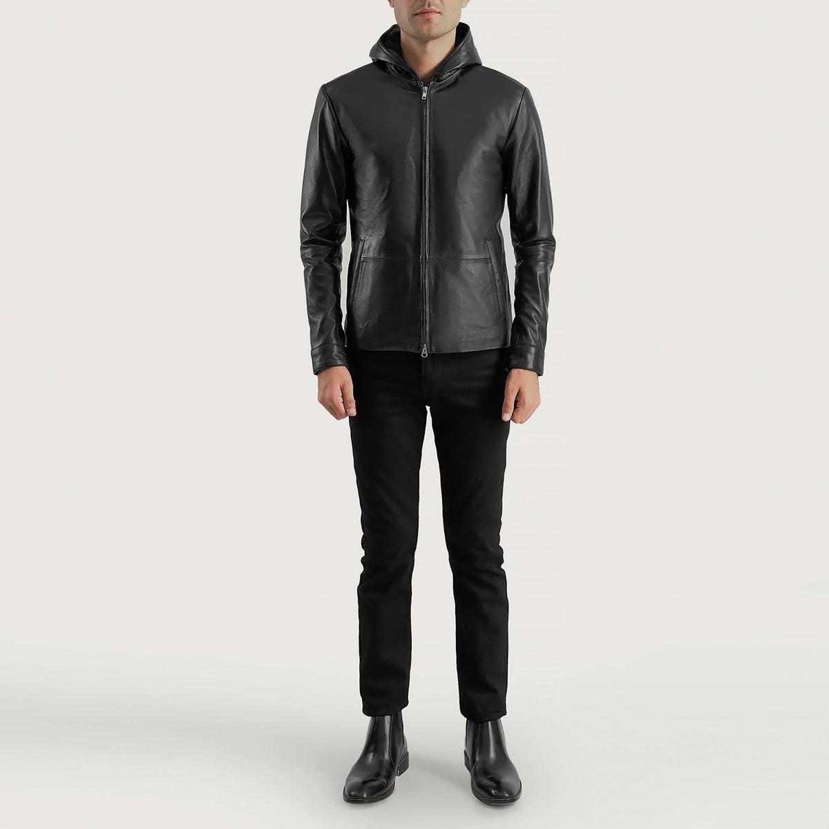 
Vista detalhada of Hooded & Zipper Hardware on Andy Matte Preto Hooded Jaqueta de Couro para Homem