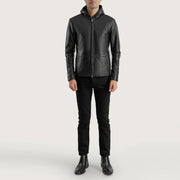 
Vista detalhada of Hooded & Zipper Hardware on Andy Matte Preto Hooded Jaqueta de Couro para Homem