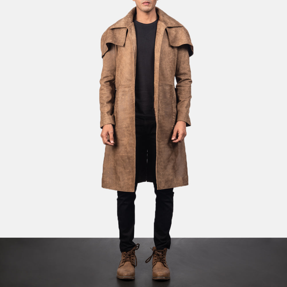 Men's Army Castanho Leather Duster para Homem in Distressed Brown Sheepskin Snuffed - Front Profile View &amp; Tailored Silhouette | Buy Online