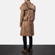 Men's Army Castanho Leather Duster para Homem - Lateral Side Profile View Showing Sleeve Cut &amp; Athletic Taper Fit