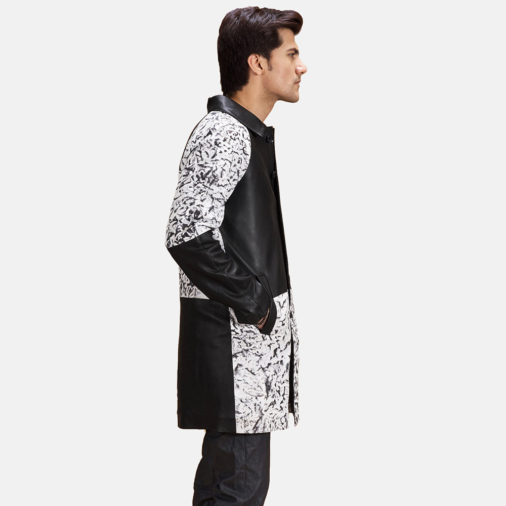 
Black & White Sheepskin Dip &Amp; Dye Leather Coat - Vista traseira com ombros definidos e bainha impecável