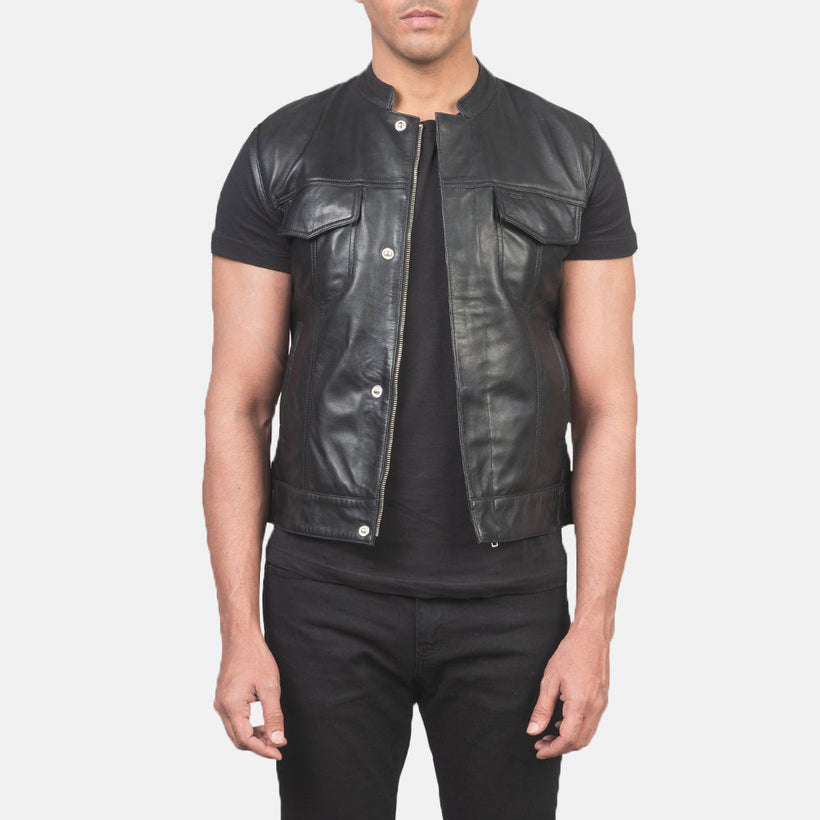 Atlas Moto Preto Colete de Couro para Homem