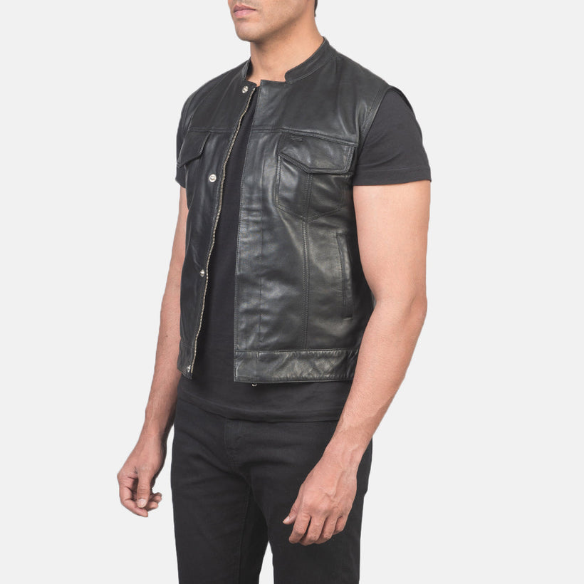 Atlas Moto Preto Colete de Couro para Homem