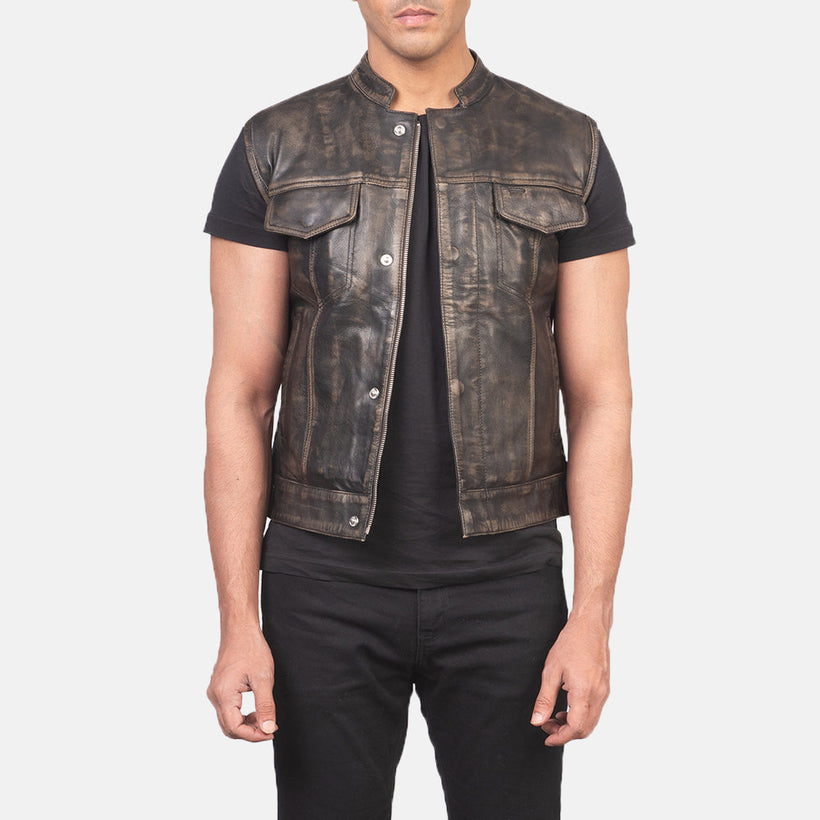 Atlas Moto Distressed Castanho Colete de Couro para Homem