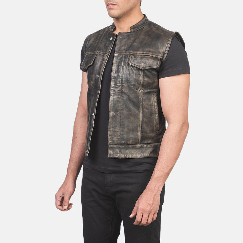 Atlas Moto Distressed Castanho Colete de Couro para Homem