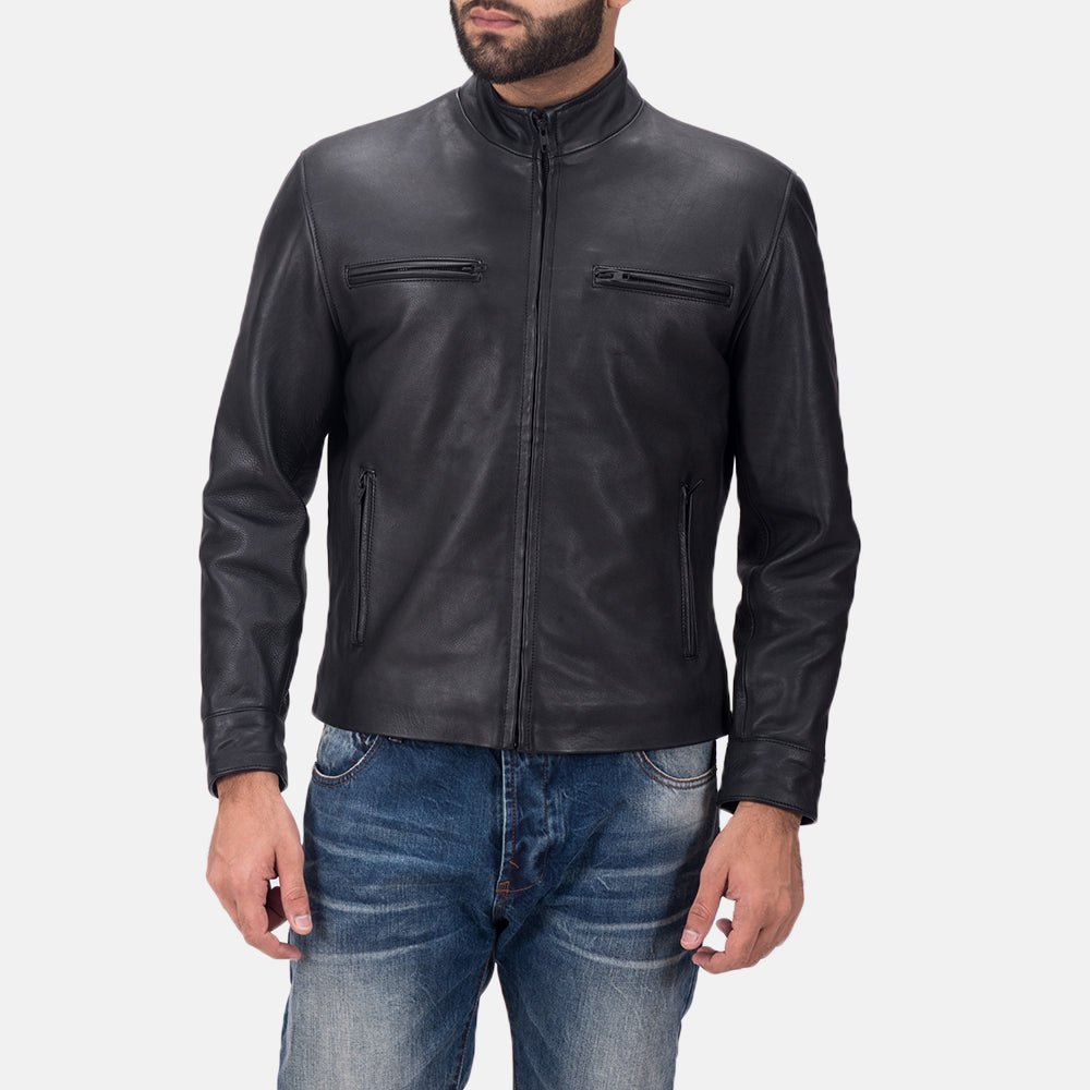 Austere Matte Preto Blusão Biker de Couro para Homem in Black Calfskin Matte - Front Profile View &amp; Tailored Silhouette | Buy Online