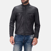 Austere Matte Preto Blusão Biker de Couro para Homem in Black Calfskin Matte - Front Profile View &amp; Tailored Silhouette | Buy Online