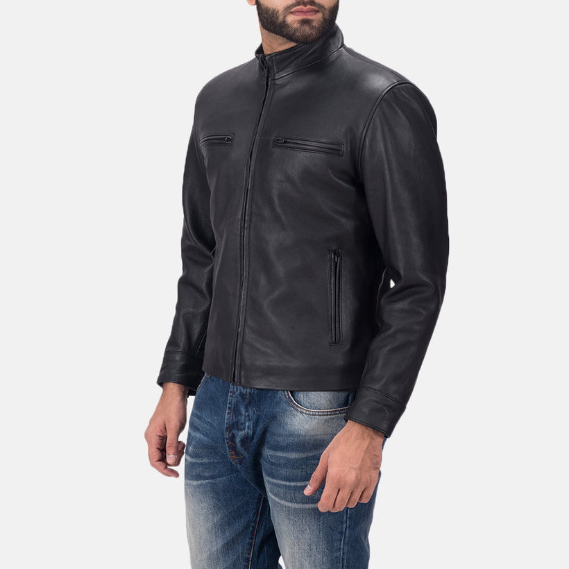 Austere Matte Preto Blusão Biker de Couro para Homem