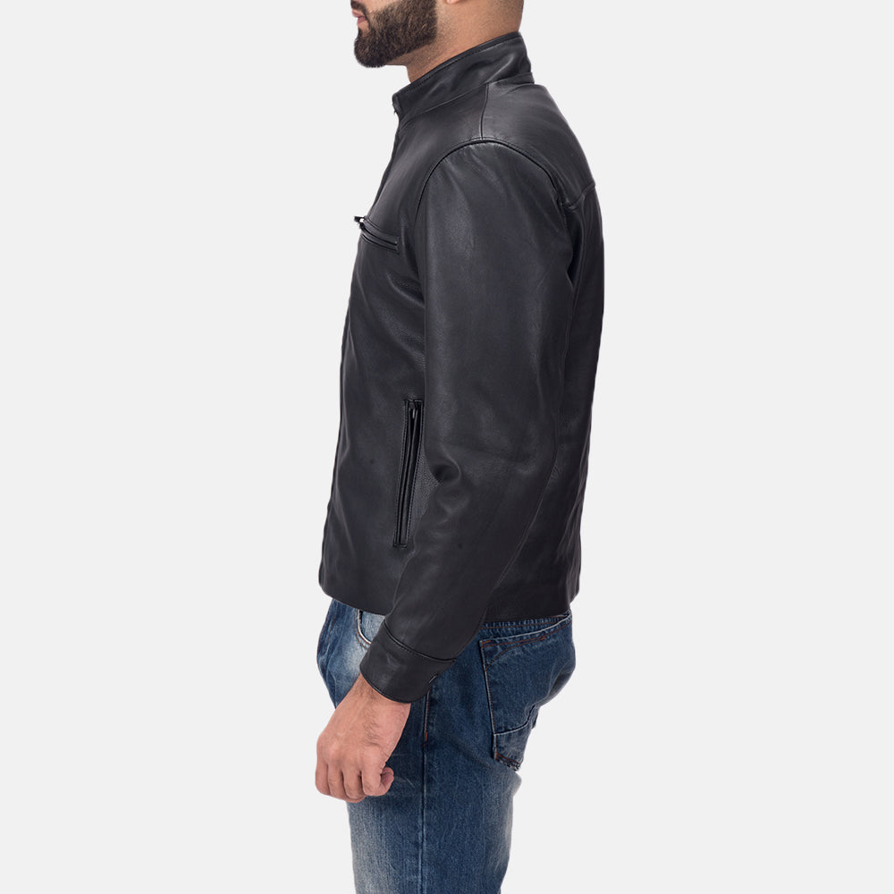 Austere Matte Preto Blusão Biker de Couro para Homem - Lateral Side Profile View Showing Sleeve Cut &amp; Athletic Taper Fit
