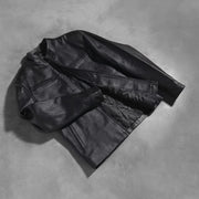 Styled Fit Perspective of Austere Matte Preto Blusão Biker de Couro para Homem on Model - Natural Daylight Drape