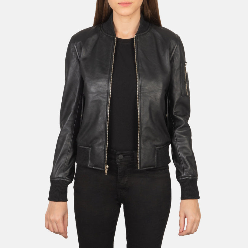 Ava MA-1 Preto Blusão Bomber de Couro para Mulher