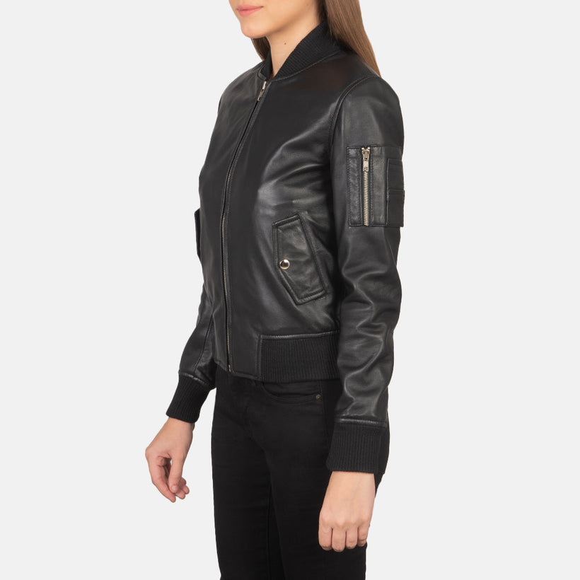 Ava MA-1 Preto Blusão Bomber de Couro para Mulher