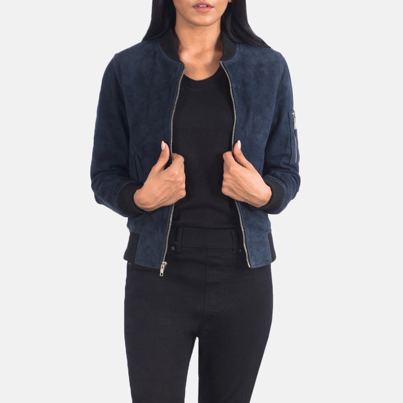 Ava MA-1 Azul Suede Jaqueta Bomber de Couro para Mulher
