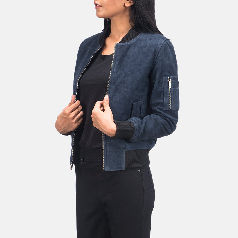 Ava MA-1 Azul Suede Jaqueta Bomber de Couro para Mulher
