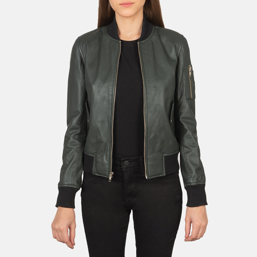 Ava MA-1 Verde Blusão Bomber de Couro para Mulher