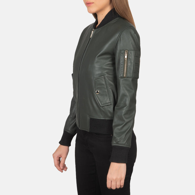 Ava MA-1 Verde Blusão Bomber de Couro para Mulher