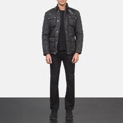 Men's Barry Acolchoado Preto Windbreaker Blusão de Couro para Homem - Lateral Side Profile View Showing Sleeve Cut &amp; Athletic Taper Fit