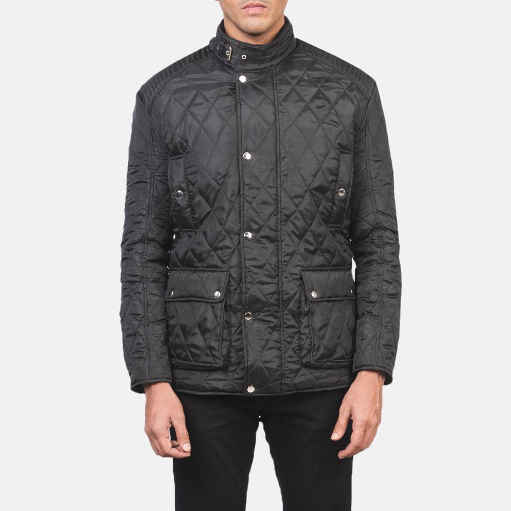 Close-Up Detail of Belted Band &amp; Button Hardware on Men's Barry Acolchoado Preto Windbreaker Blusão de Couro para Homem