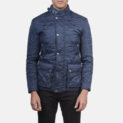 Men's Barry Acolchoado Azul Windbreaker Blusão de Couro para Homem - Lateral Side Profile View Showing Sleeve Cut &amp; Athletic Taper Fit