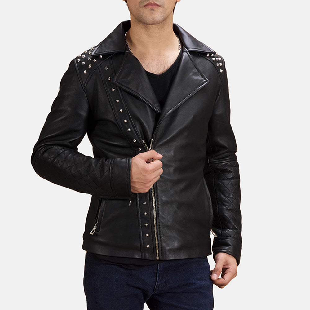 Men's Preto Studded Blusão Biker de Couro para Homem in Black Sheepskin Leather - Front Profile View &amp; Tailored Silhouette | Buy Online