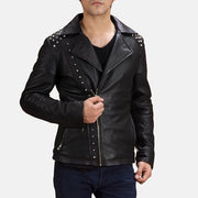 Men's Preto Studded Blusão Biker de Couro para Homem in Black Sheepskin Leather - Front Profile View &amp; Tailored Silhouette | Buy Online