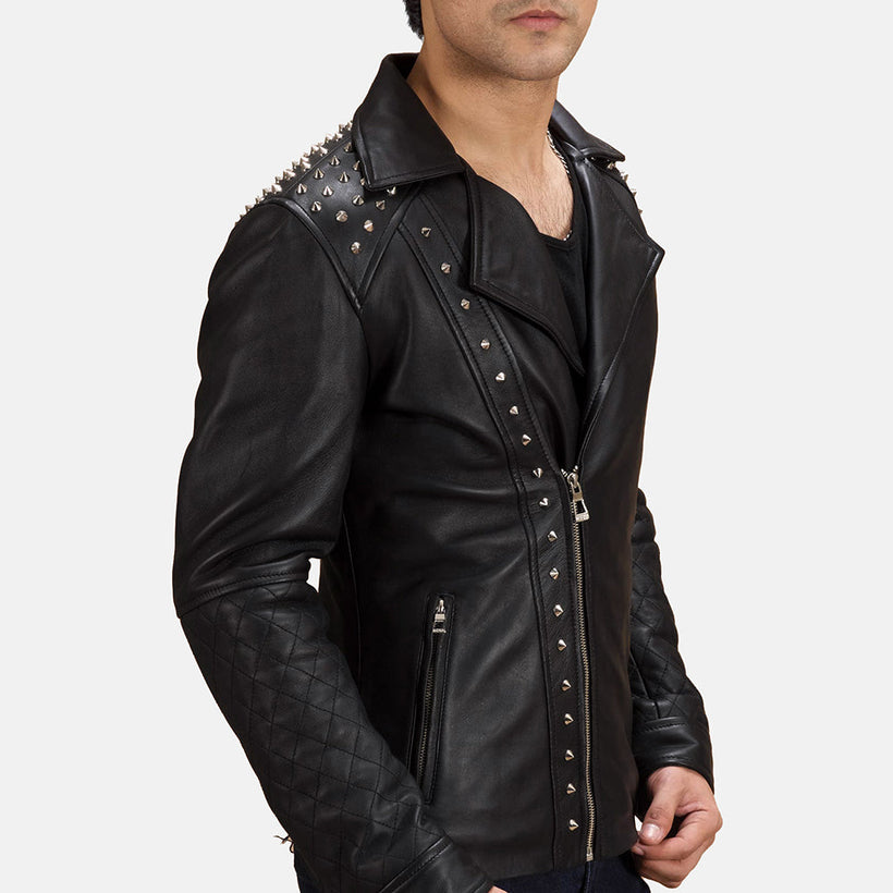 Preto Studded Blusão Biker de Couro para Homem